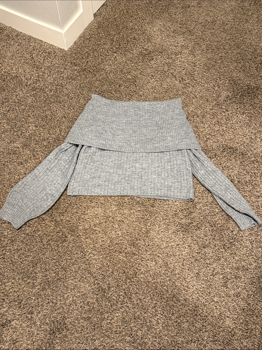 LOFT Grey Off-the-Shoulder Fold-Over Ribbed Sweater - Picture 3 of 3